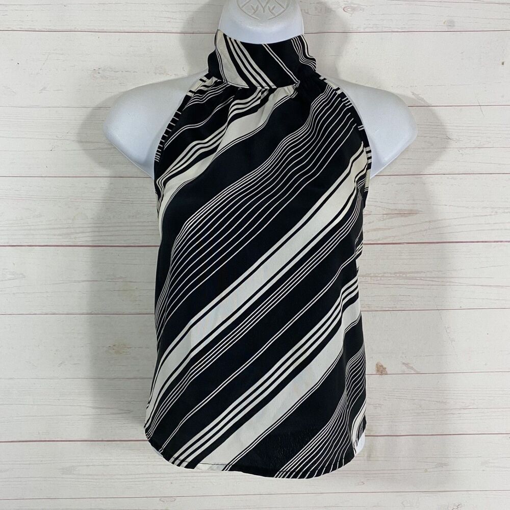 Vtg Xhilaration Womens Tie Halter Neck Tank Top Sz Medium Black Stripe Polyester